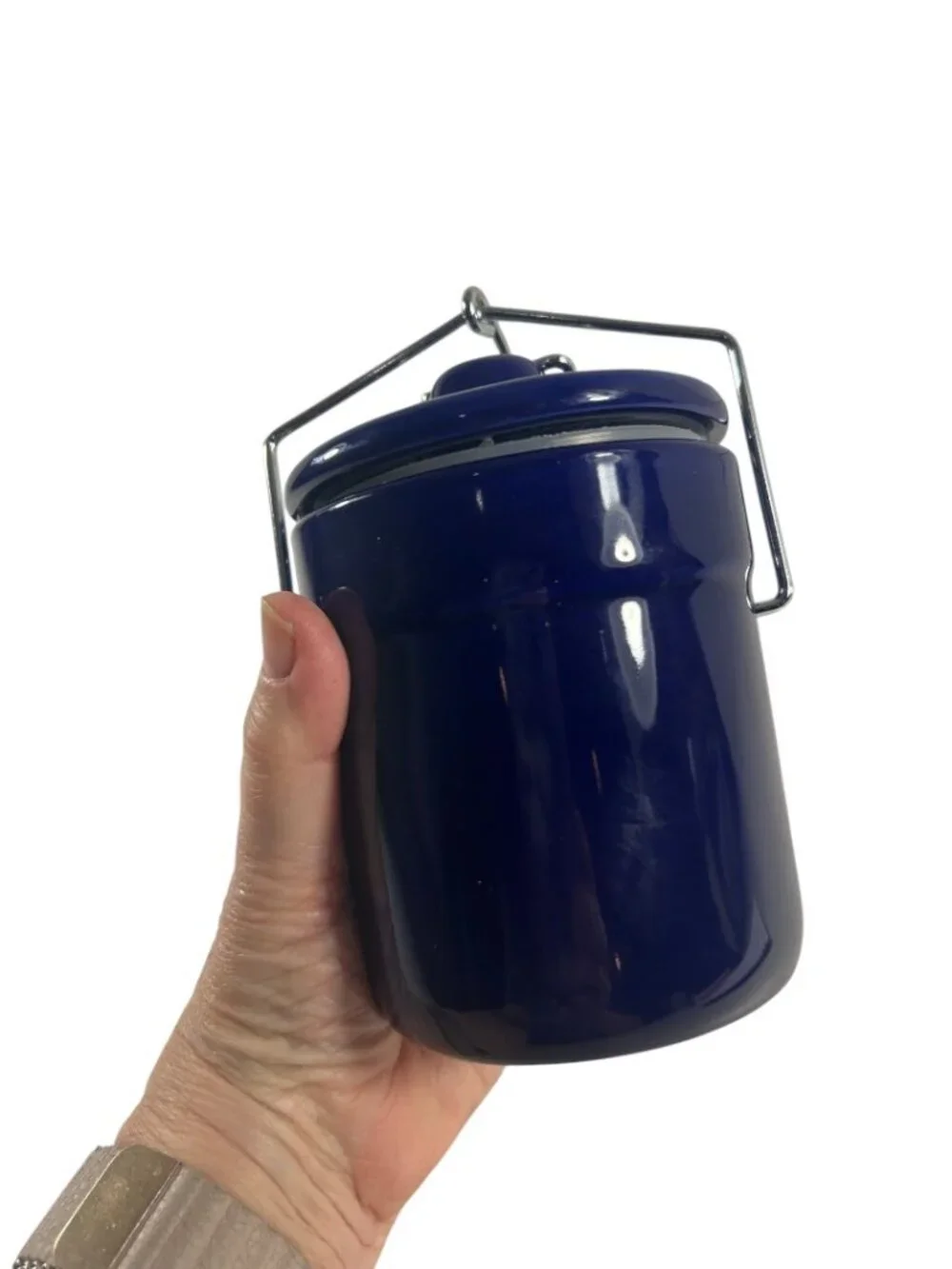 Cobalt Blue Stoneware Crock Canister 5 Inch Wire Bail Lid Ceramic Jar